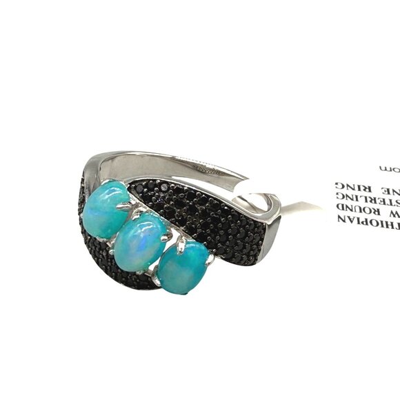 Oval Ethiopian Opal & Black Spinel Sterling Silver 3-Stone Ring - Picture 2 of 9